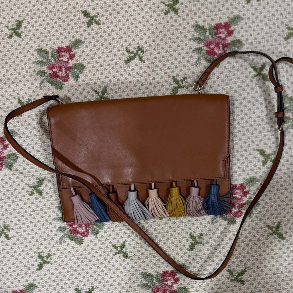 Rebecca Minkoff Brown Leather Crossbody Bag with Multicolor Tassels